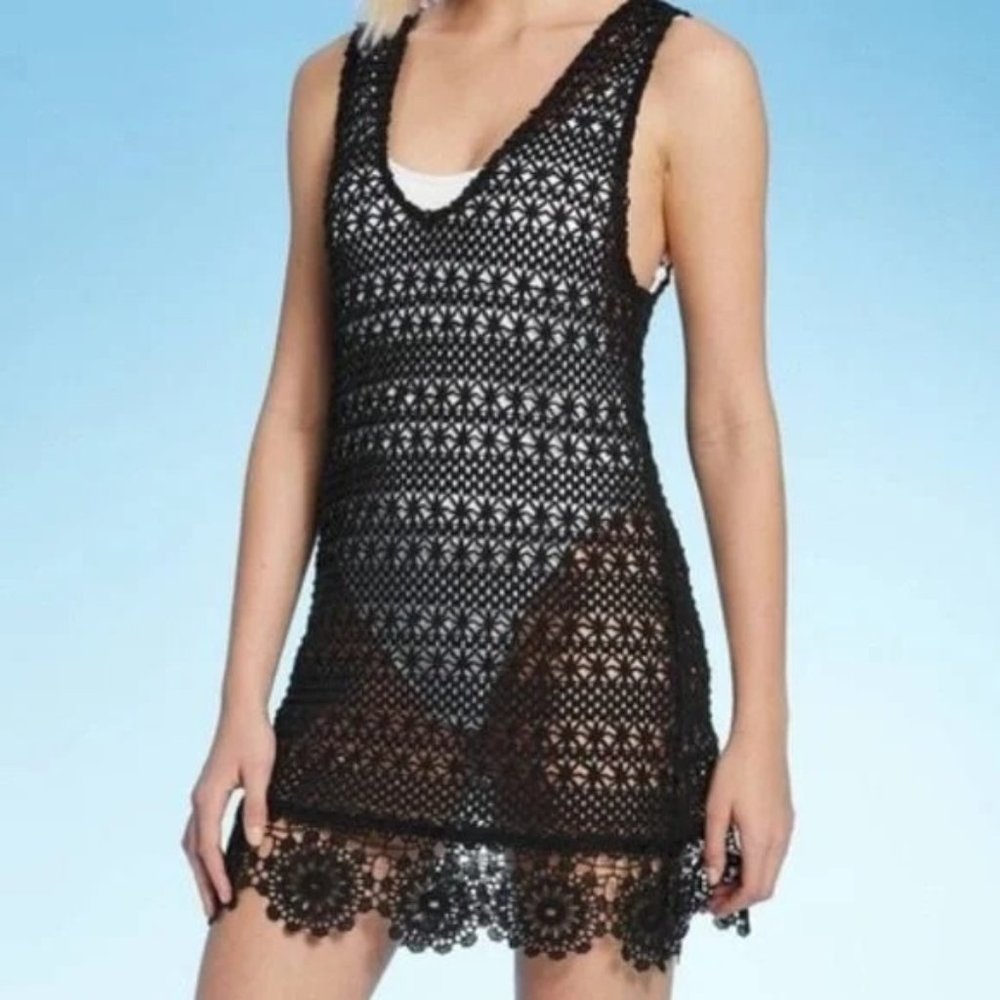 Women's Plus Size Swim Cover Dress Crochet V-Neck Tassel Sleeveless Black 1XL